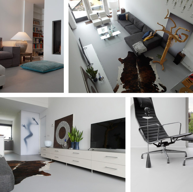 Vloeren in & exterieur appartement en eigenaar Grey woonkamer gietvloer